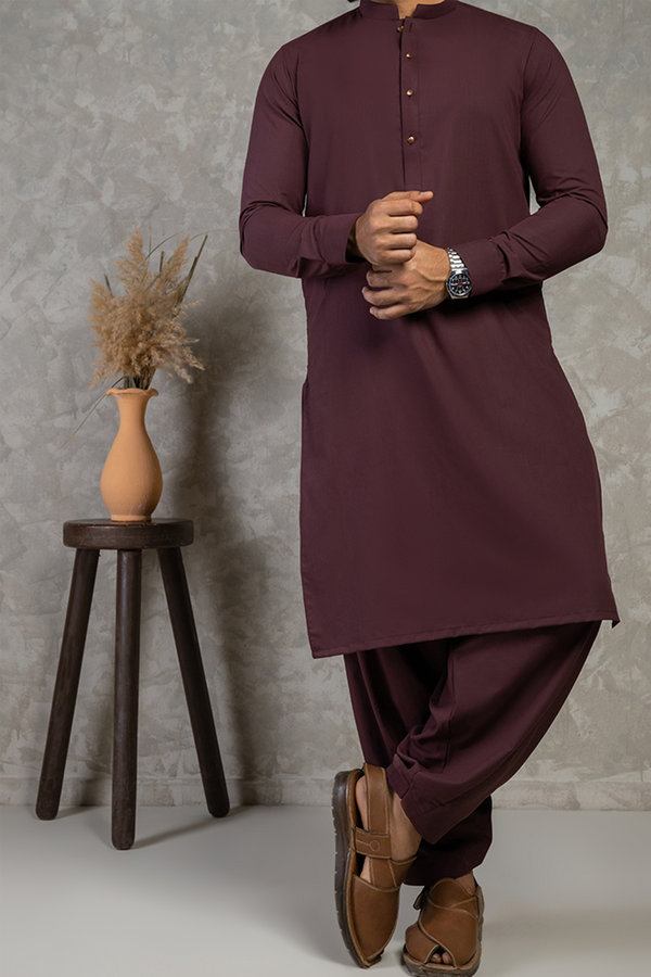 Maroon Ben Collar Shalwar Kameez